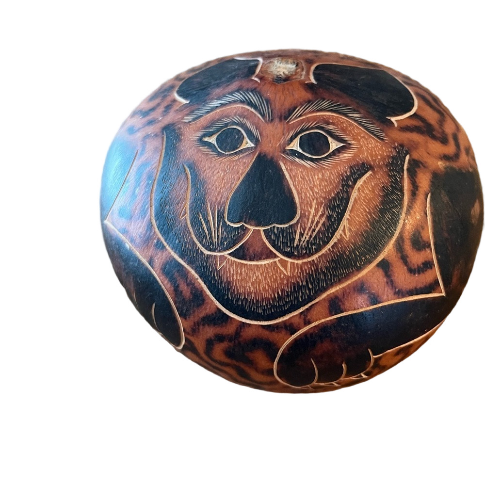 Gourd Folk Art CAT Hand Painted and Detailed Carved Peru Peruvian Rattle